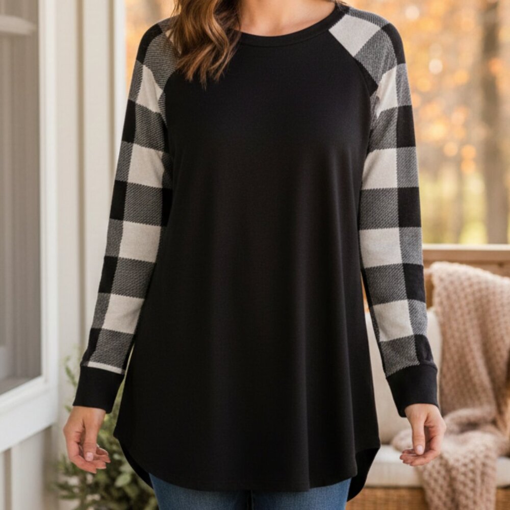 Buffalo Plaid PinkBlush Black Whiteβ Raglan Tunic Top Size L Large